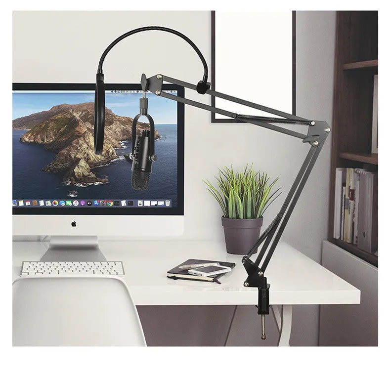Black BM-86PRO USB condenser microphone on metal base with sponge cover and cable.