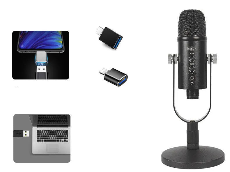 Black BM-86PRO USB condenser microphone on metal base with sponge cover and cable.