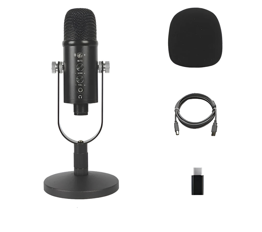 Black BM-86PRO USB condenser microphone on metal base with sponge cover and cable.