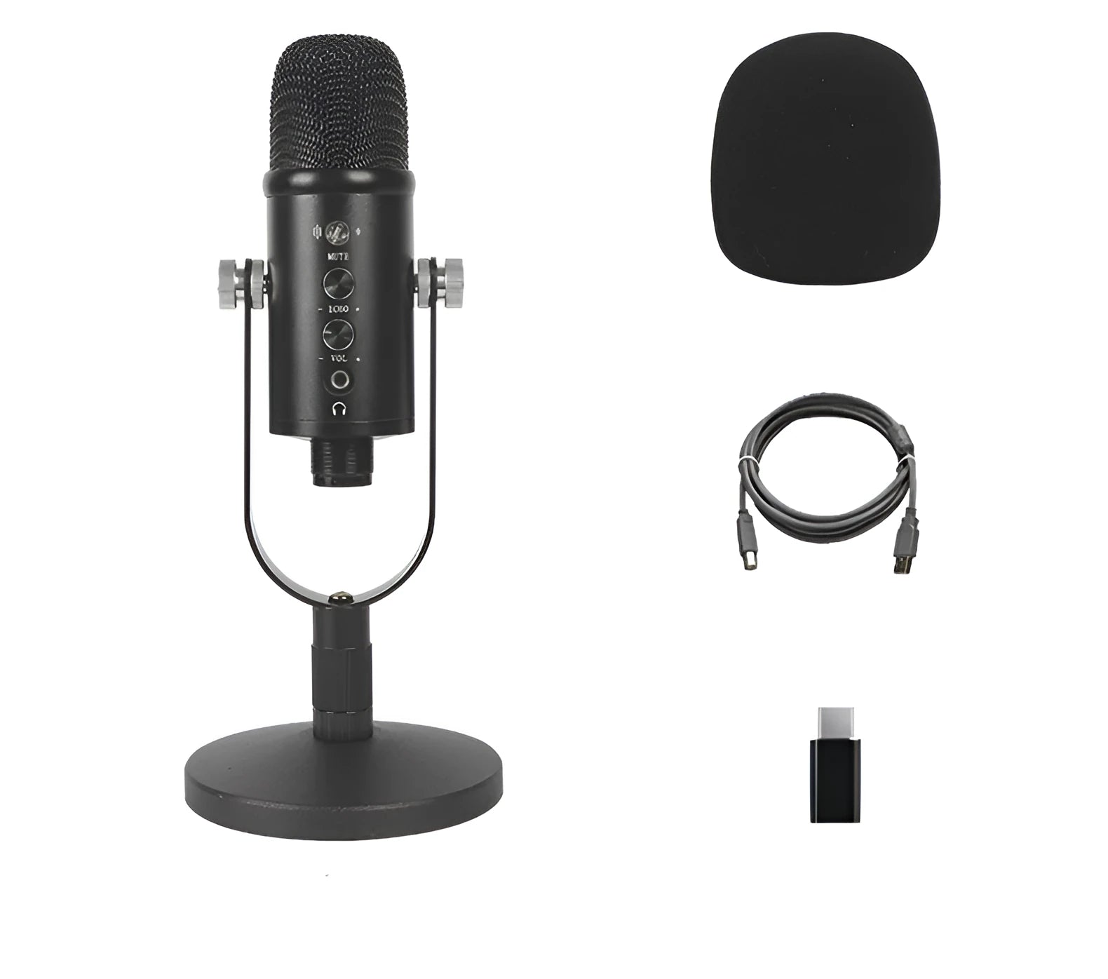 Black BM-86PRO USB condenser microphone on metal base with sponge cover and cable.