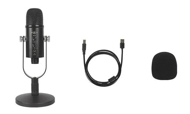 Black BM-86PRO USB condenser microphone on metal base with sponge cover and cable.