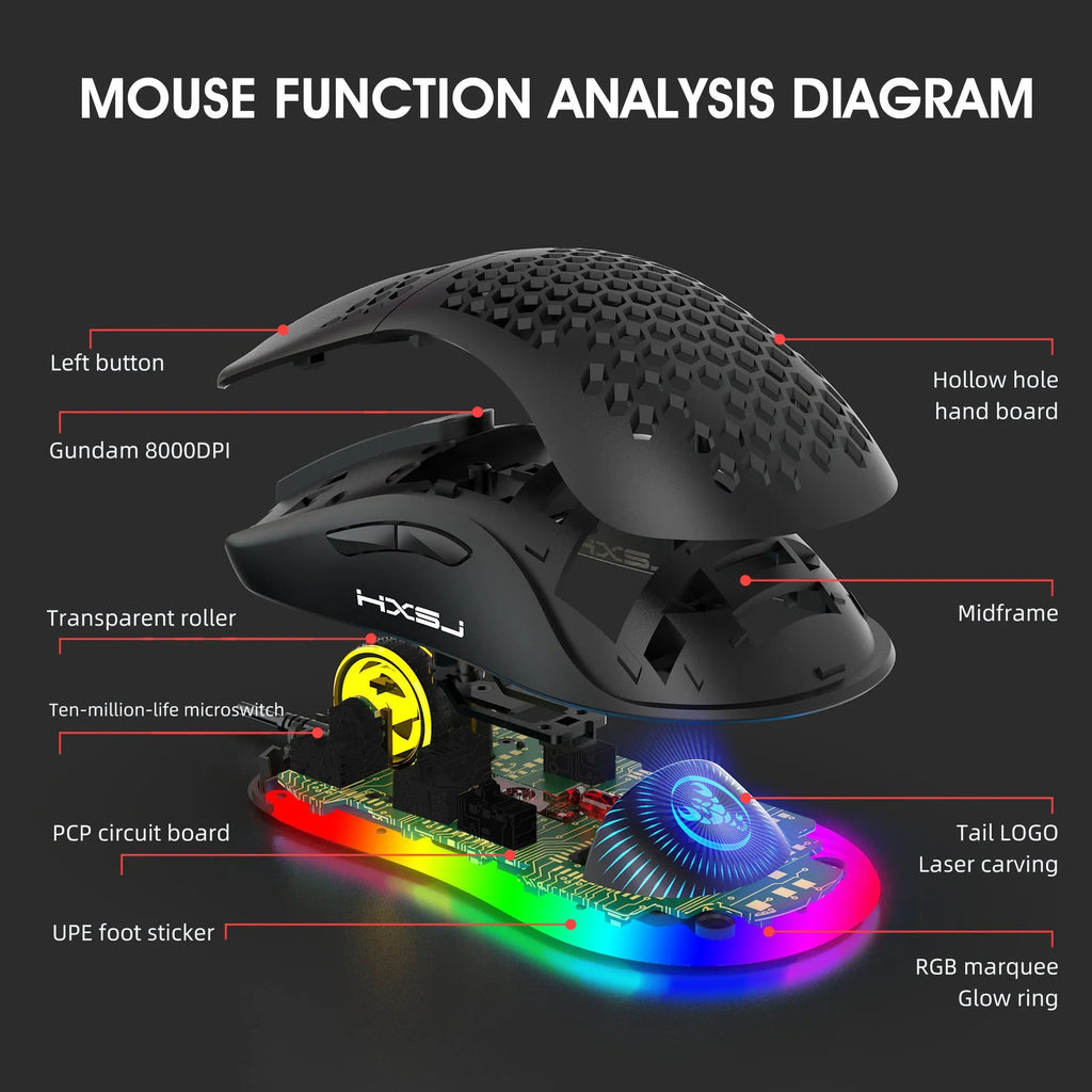 Black wired optical gaming mouse with honeycomb shell and RGB glow on a desk