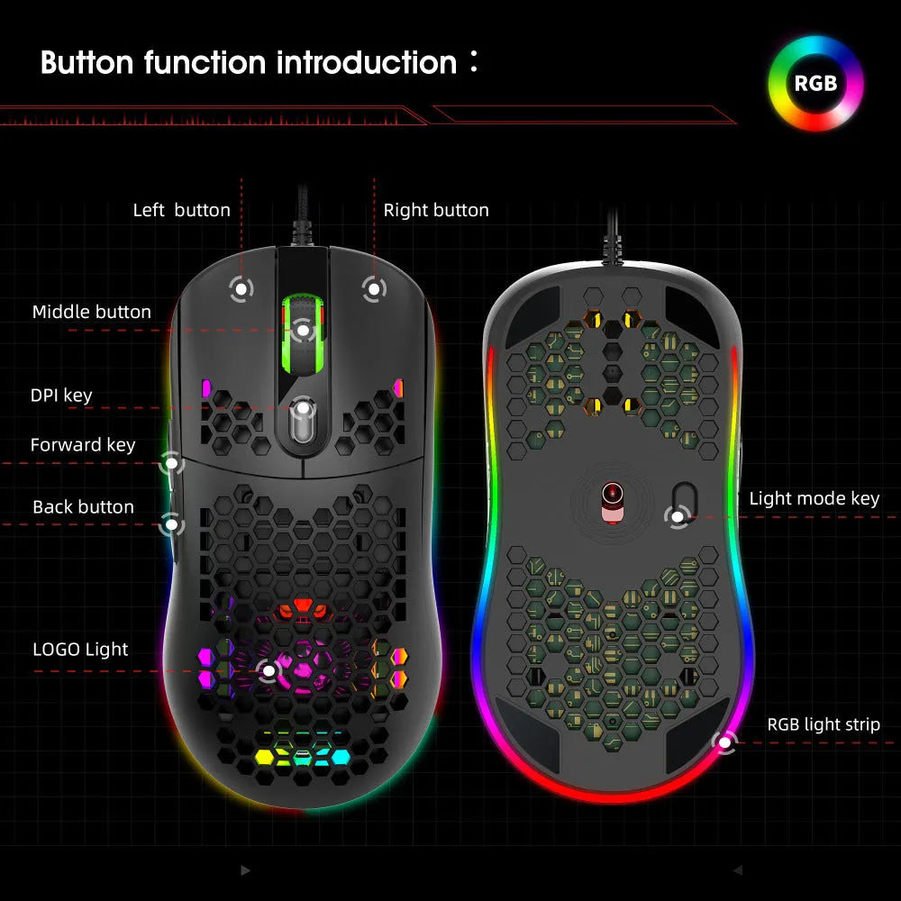 Black wired optical gaming mouse with honeycomb shell and RGB glow on a desk