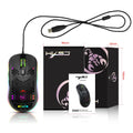 Black wired optical gaming mouse with honeycomb shell and RGB glow on a desk