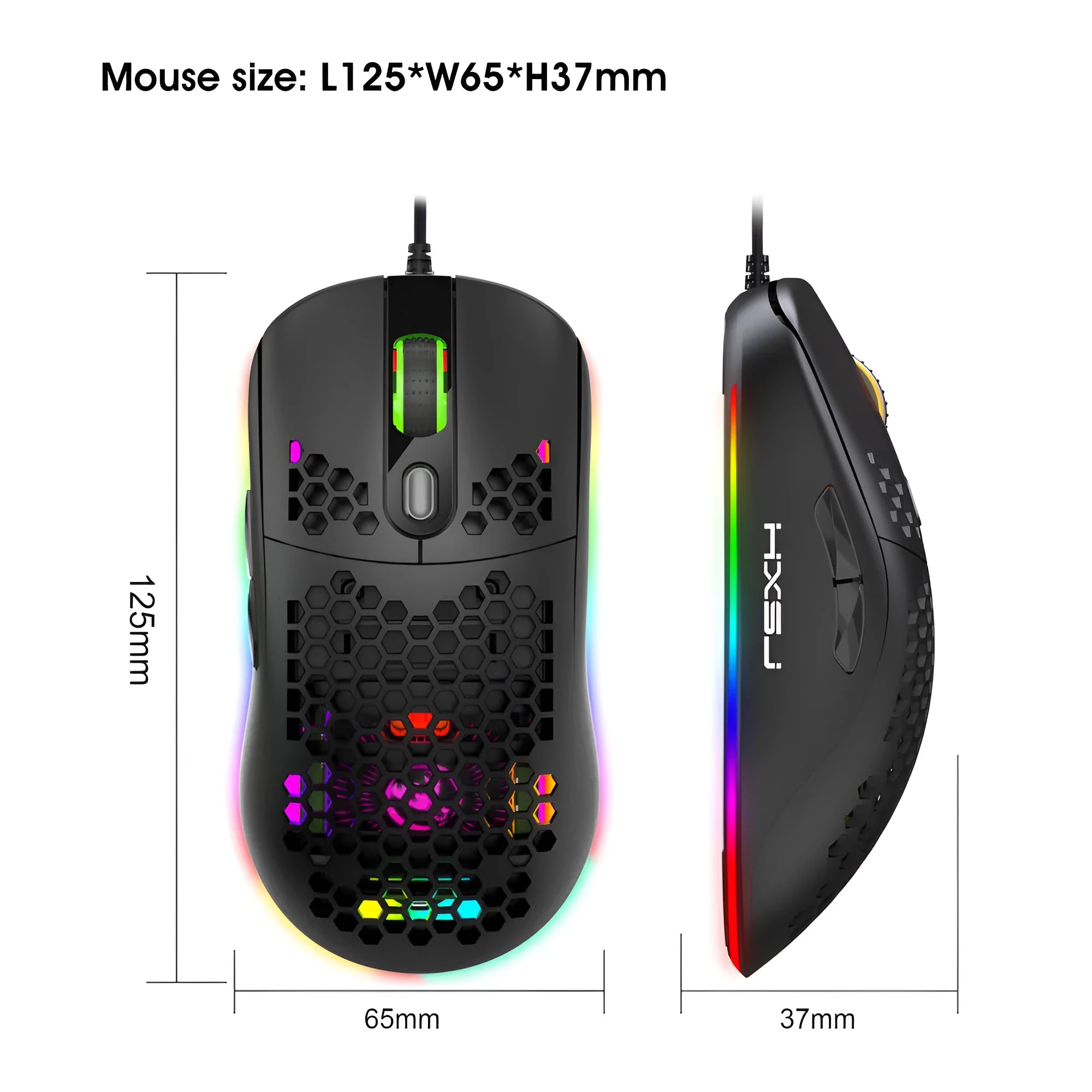 Black wired optical gaming mouse with honeycomb shell and RGB glow on a desk
