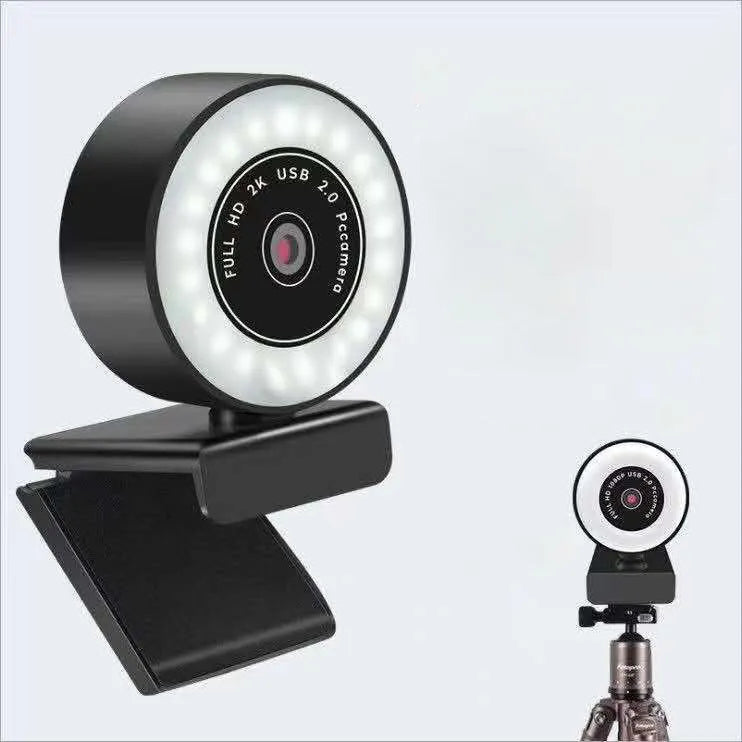 Black 1080p HD USB webcam with built-in fill light for video conferences.