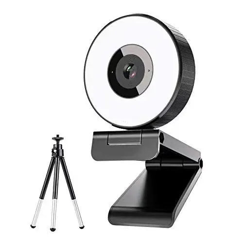 Black 1080p HD USB webcam with built-in fill light for video conferences.