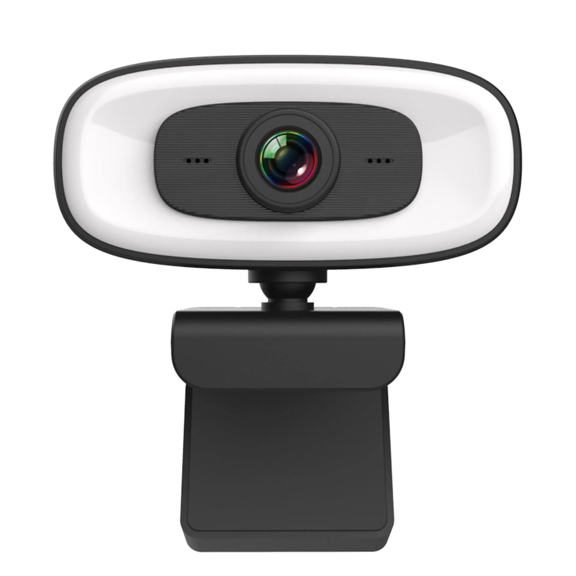 Black USB web camera for desktop computers with 2K resolution and 400W pixels.