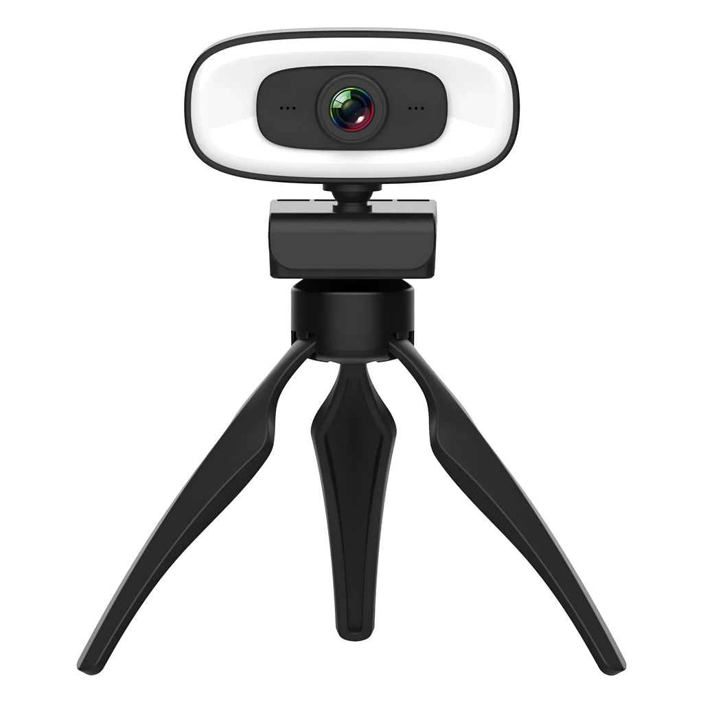 Black USB web camera for desktop computers with 2K resolution and 400W pixels.