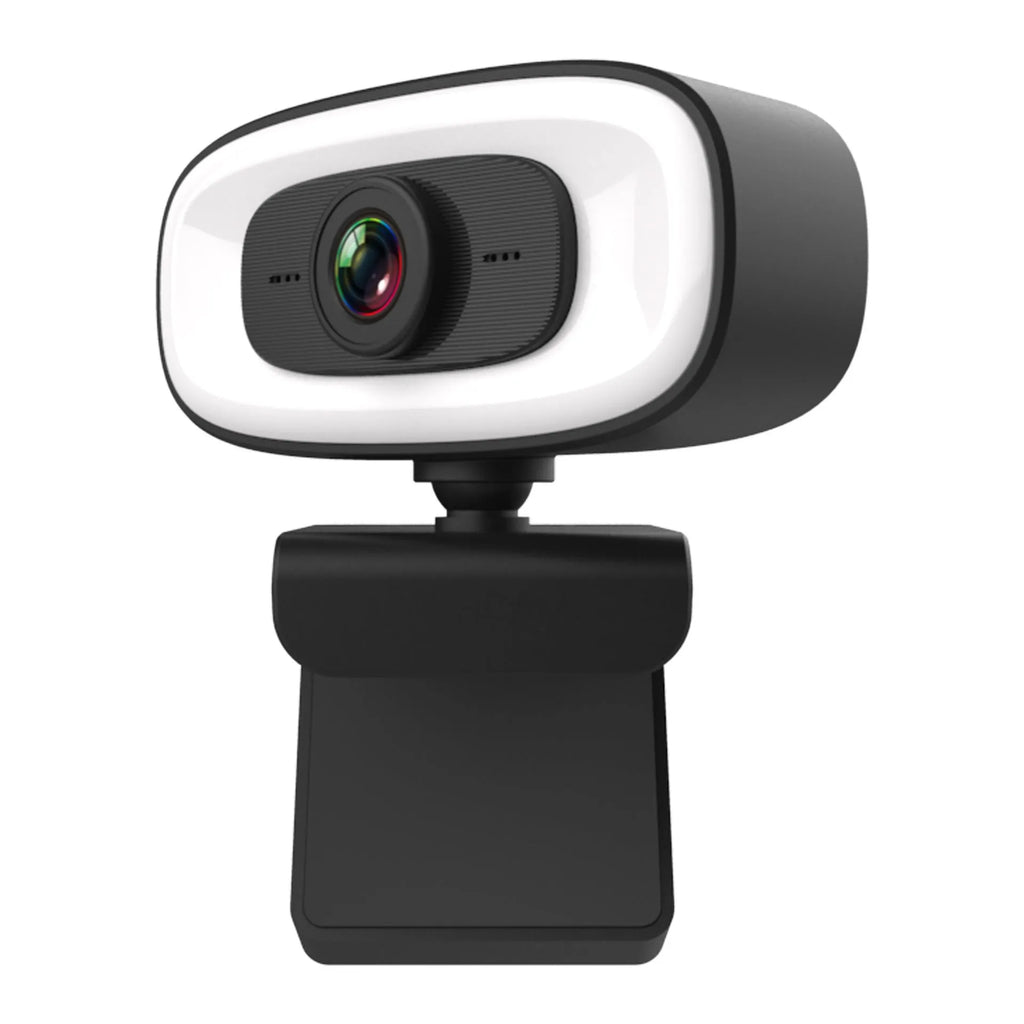 Black USB web camera for desktop computers with 2K resolution and 400W pixels.