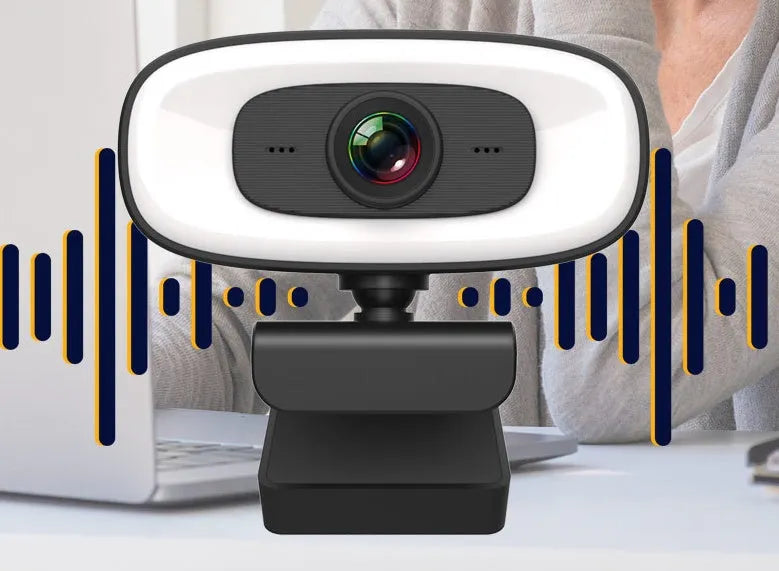 Black USB web camera for desktop computers with 2K resolution and 400W pixels.