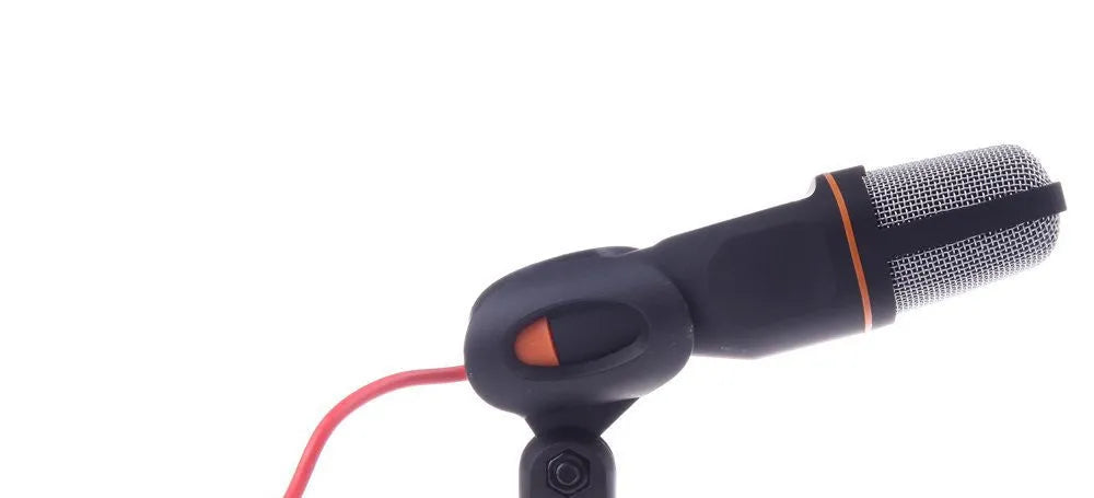 Black wired PC microphone with a desk clip and adjustable holder on a black cable.