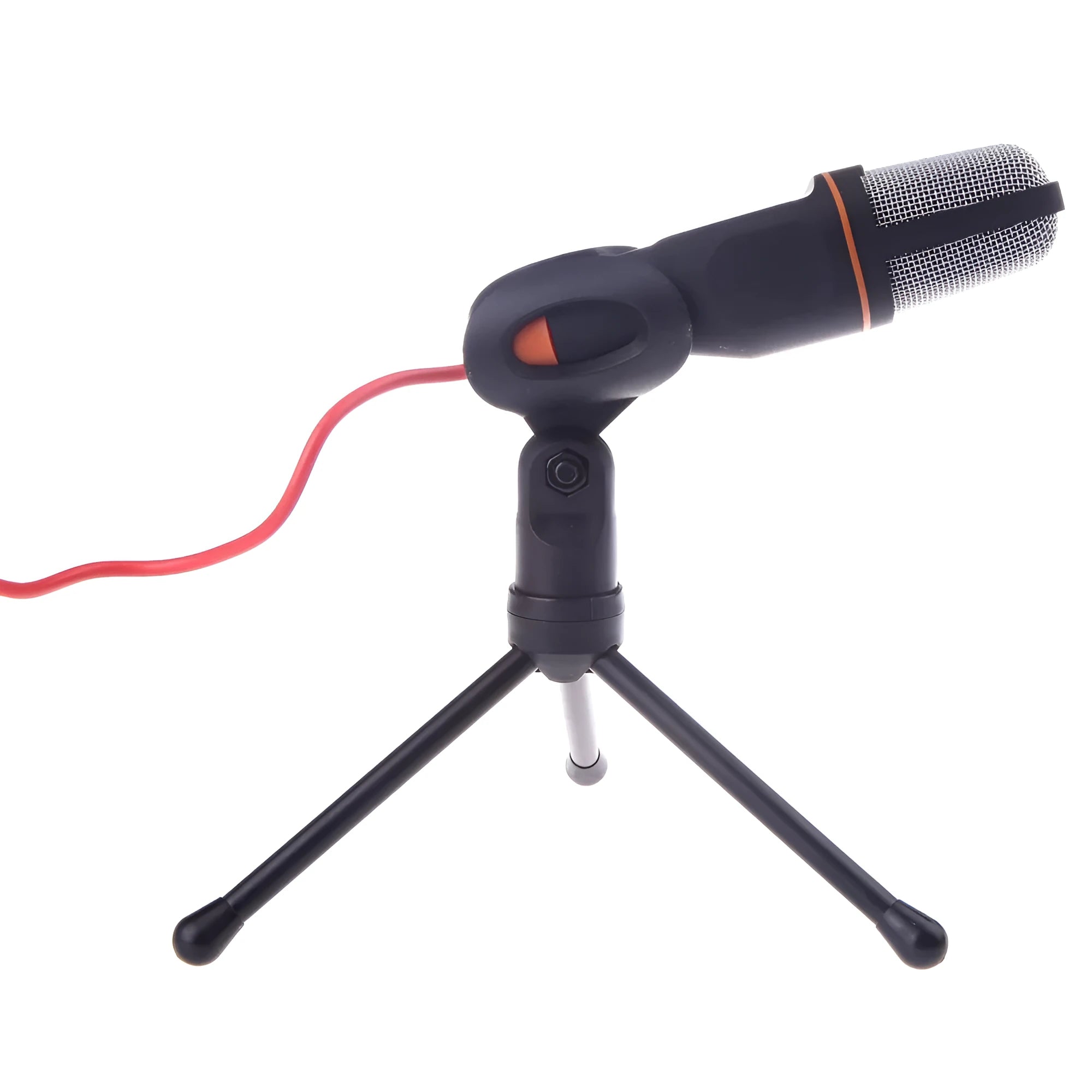 Black wired PC microphone with a desk clip and adjustable holder on a black cable.