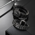 Couple watch set with alloy case, textile strap, spiral crown, black and gold colour options on wrist