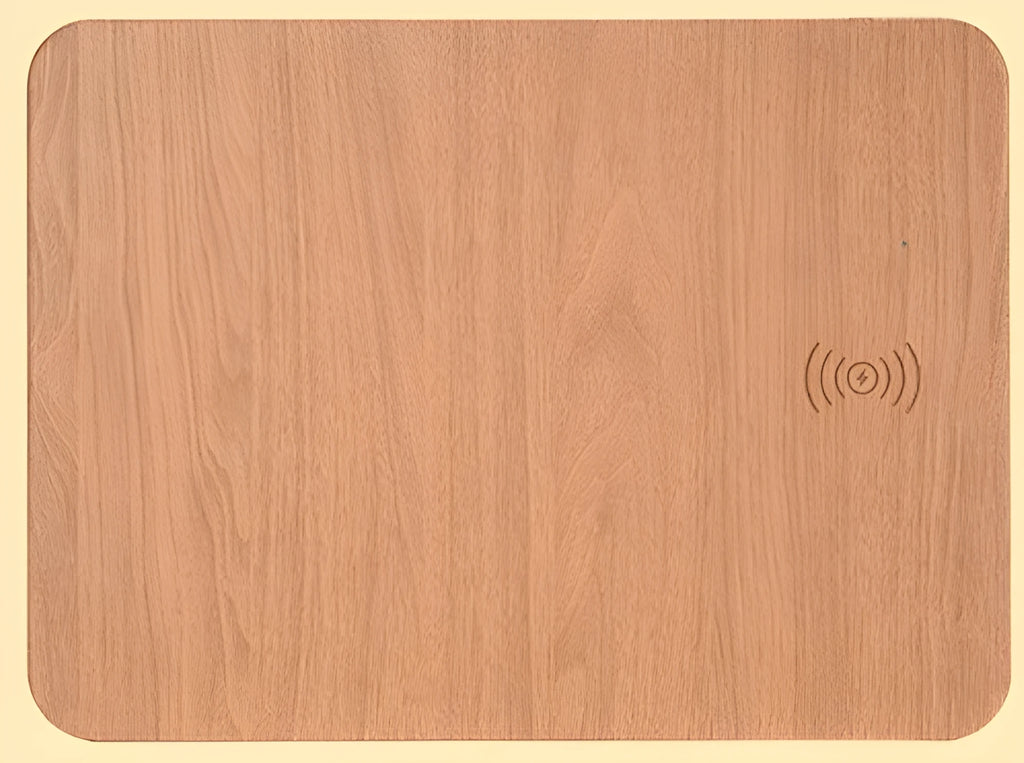 Brown wood grain wireless charging mouse pad with USB charger, 30x22cm, for office and gaming desk