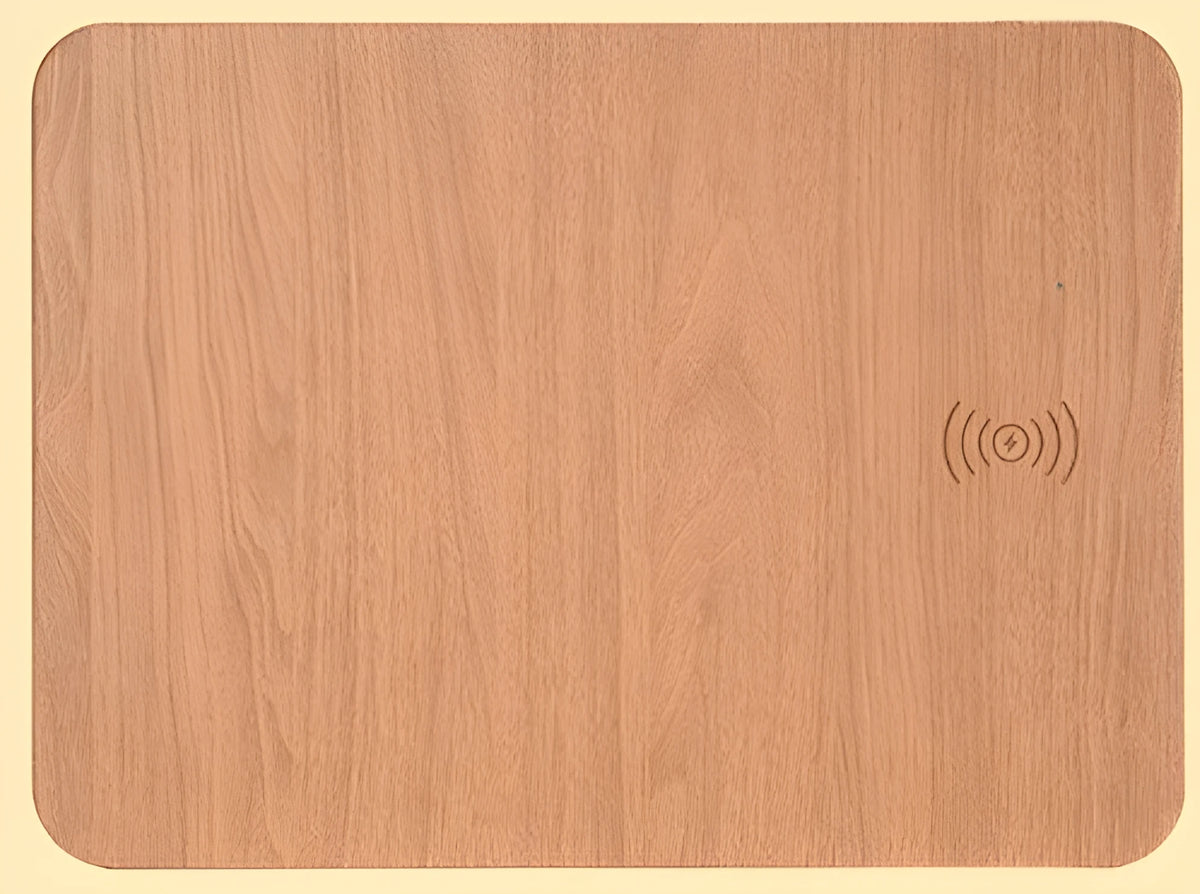 Brown wood grain wireless charging mouse pad with USB charger, 30x22cm, for office and gaming desk