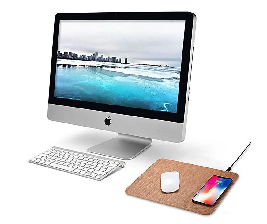 Brown wood grain wireless charging mouse pad with USB charger, 30x22cm, for office and gaming desk