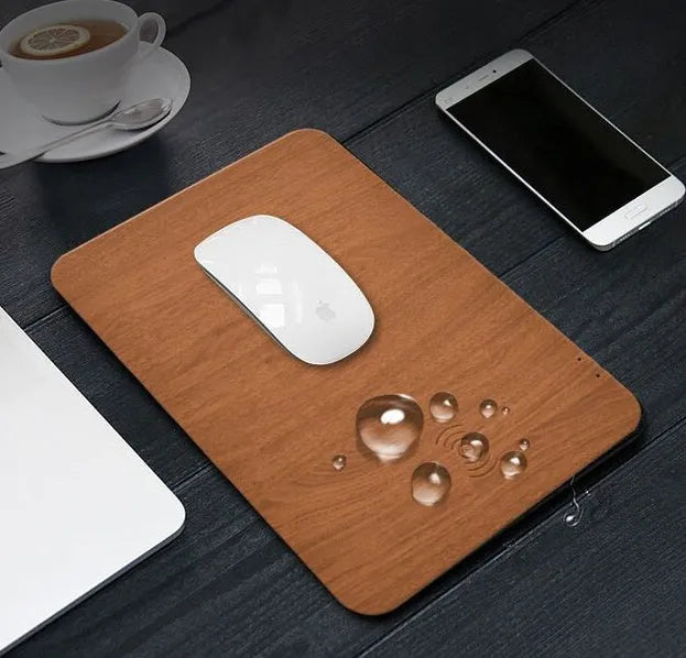 Brown wood grain wireless charging mouse pad with USB charger, 30x22cm, for office and gaming desk