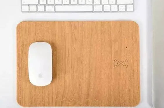 Brown wood grain wireless charging mouse pad with USB charger, 30x22cm, for office and gaming desk