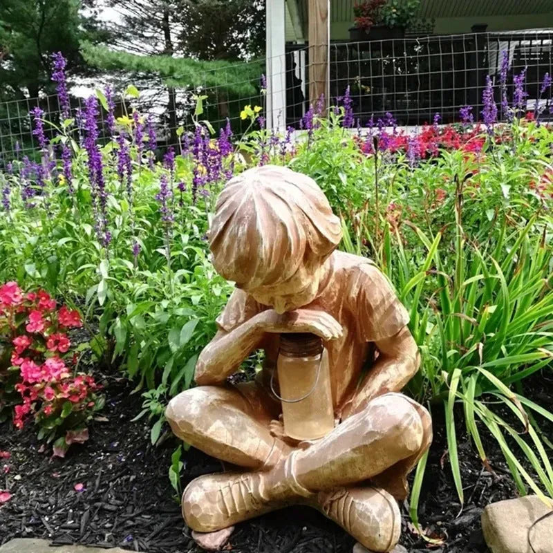 Brown resin little boy garden sculpture tabletop decoration ornament