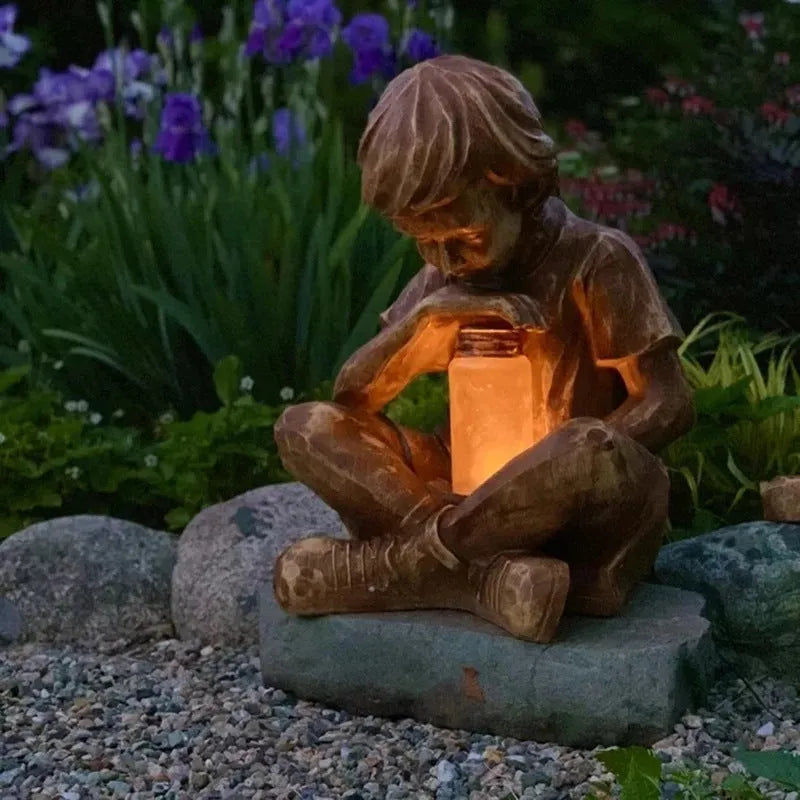Brown resin little boy garden sculpture tabletop decoration ornament