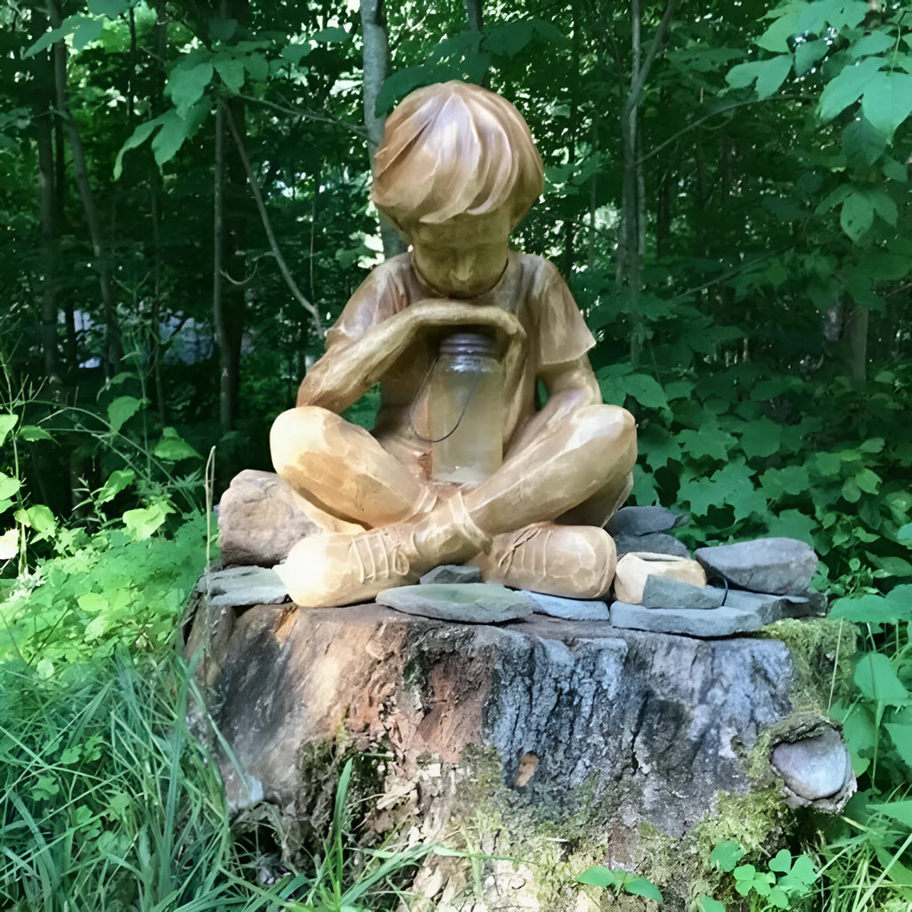 Brown resin little boy garden sculpture tabletop decoration ornament