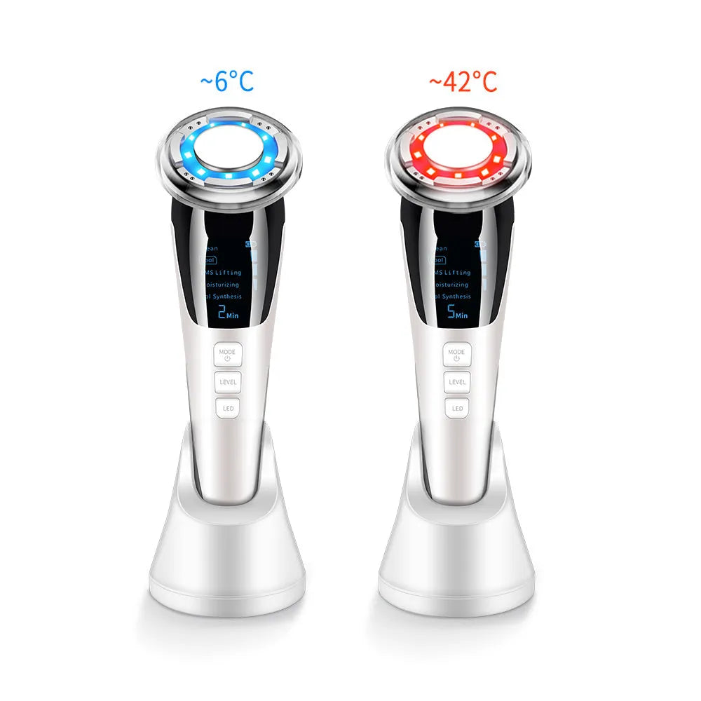 Cold and hot color photoelectron facial massager with negative ion and ultrasonic functions in pink and white colours