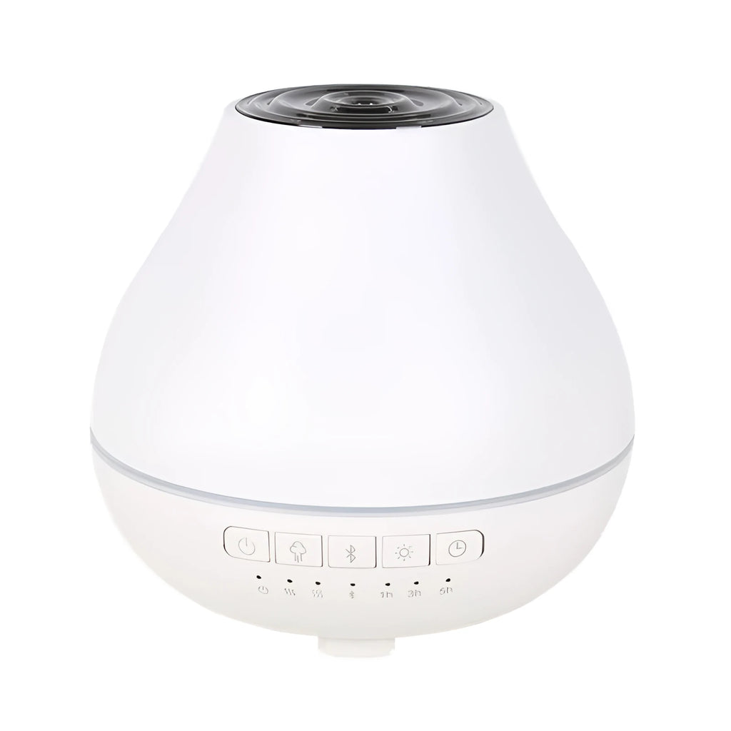 White round Bluetooth aroma diffuser and humidifier unit with night light on a wooden surface.