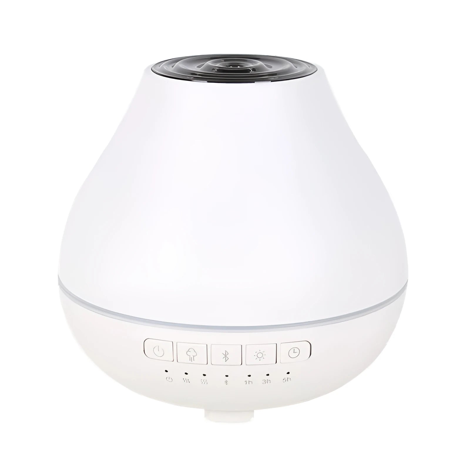 White round Bluetooth aroma diffuser and humidifier unit with night light on a wooden surface.