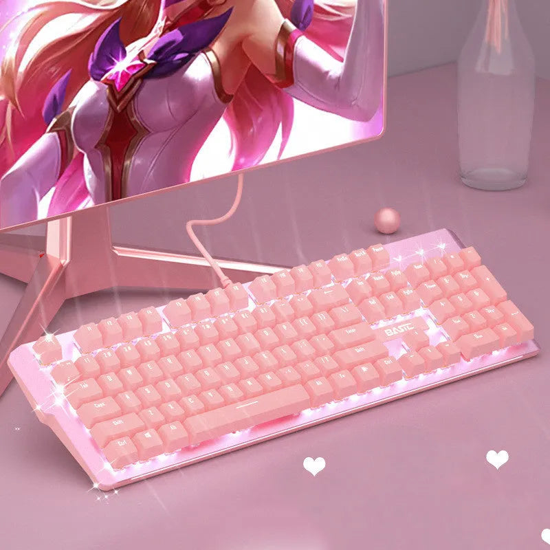 Pink mechanical gaming keyboard and wired mouse set on a desk.