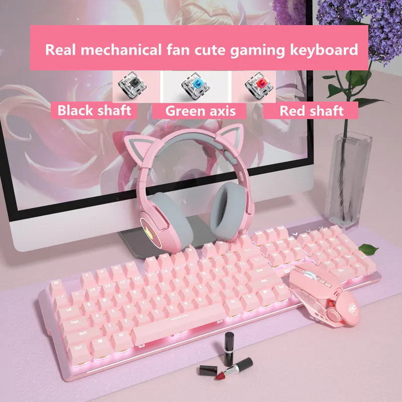 Pink mechanical gaming keyboard and wired mouse set on a desk.