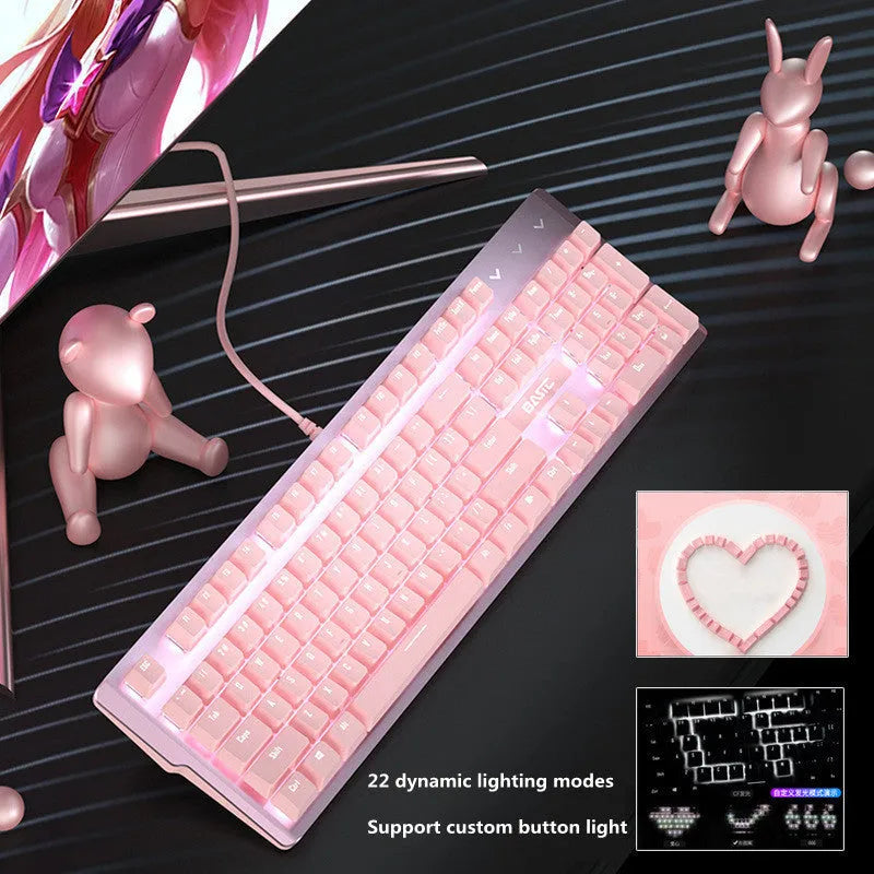 Pink mechanical gaming keyboard and wired mouse set on a desk.