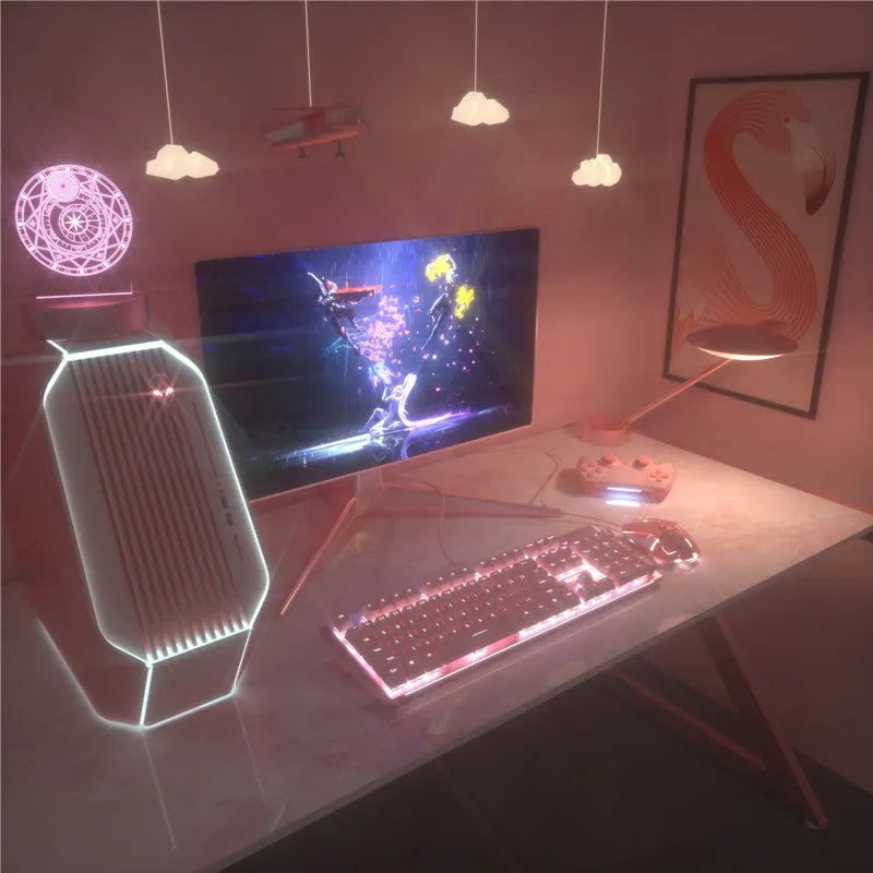 Pink mechanical gaming keyboard and wired mouse set on a desk.