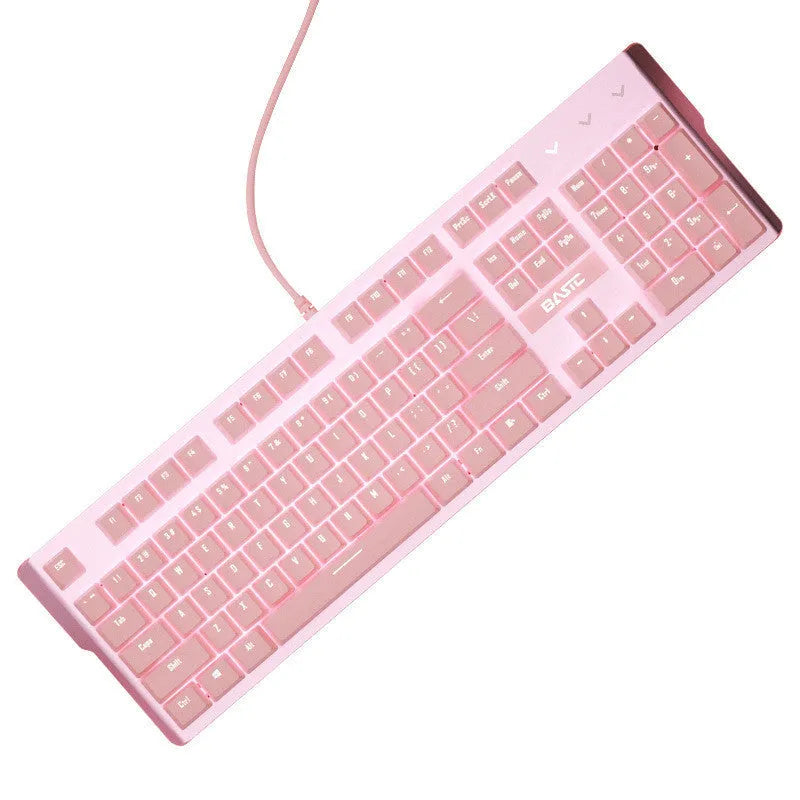 Pink mechanical gaming keyboard and wired mouse set on a desk.