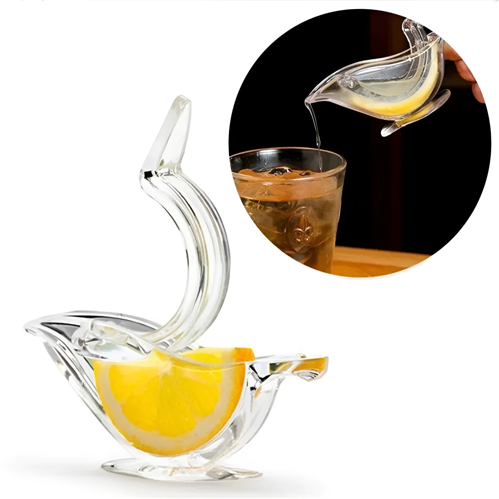 Clear acrylic bird-shaped manual lemon juicer kitchen gadget on countertop