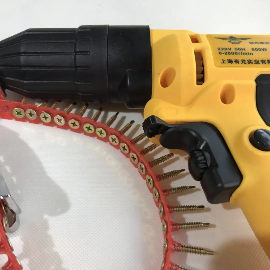 Yellow rechargeable electric chain screw machine with pistol grip and automatic feed