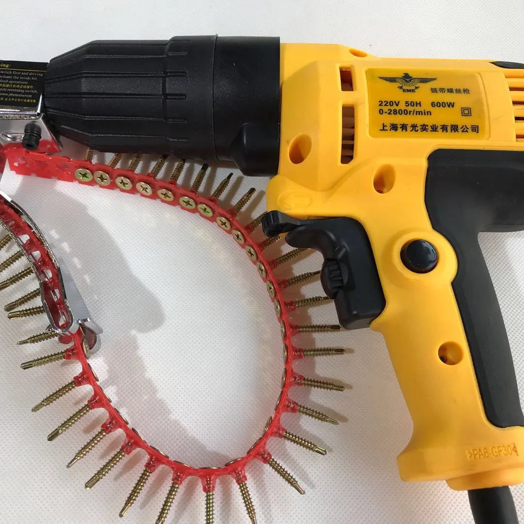 Yellow rechargeable electric chain screw machine with pistol grip and automatic feed