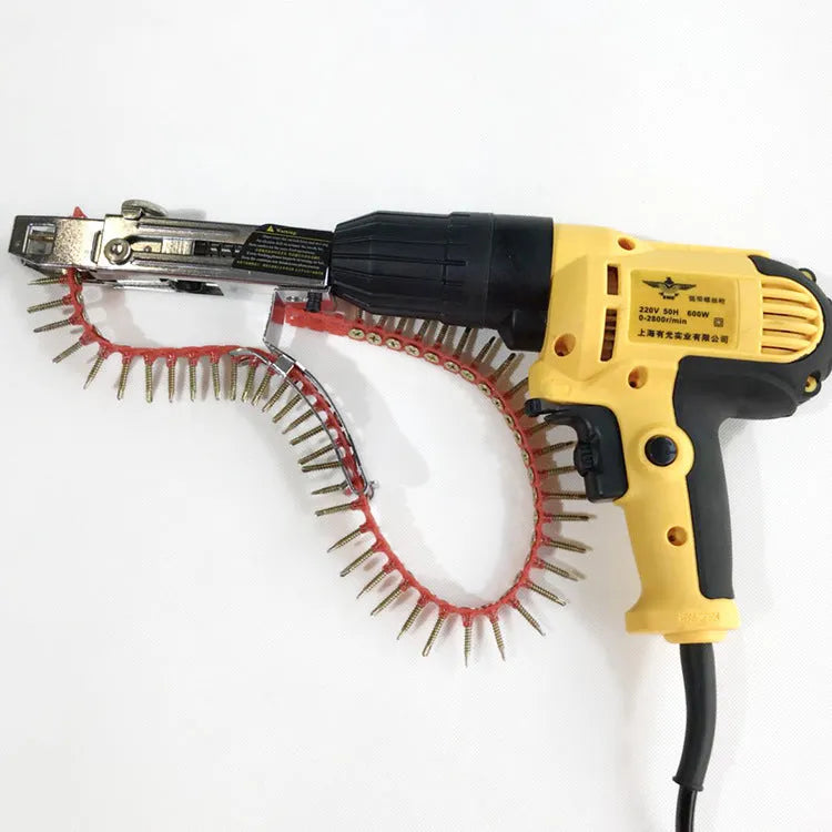 Yellow rechargeable electric chain screw machine with pistol grip and automatic feed