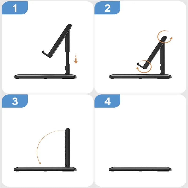 A retractable, foldable mobile phone desktop stand in an extended position, holding a smartphone.