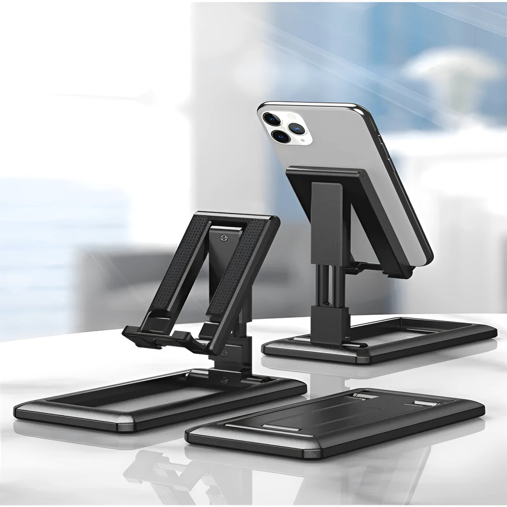 A retractable, foldable mobile phone desktop stand in an extended position, holding a smartphone.