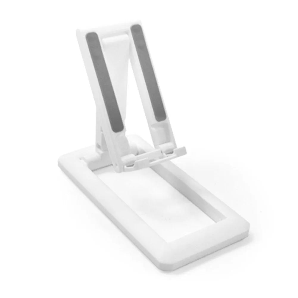 A retractable, foldable mobile phone desktop stand in an extended position, holding a smartphone.