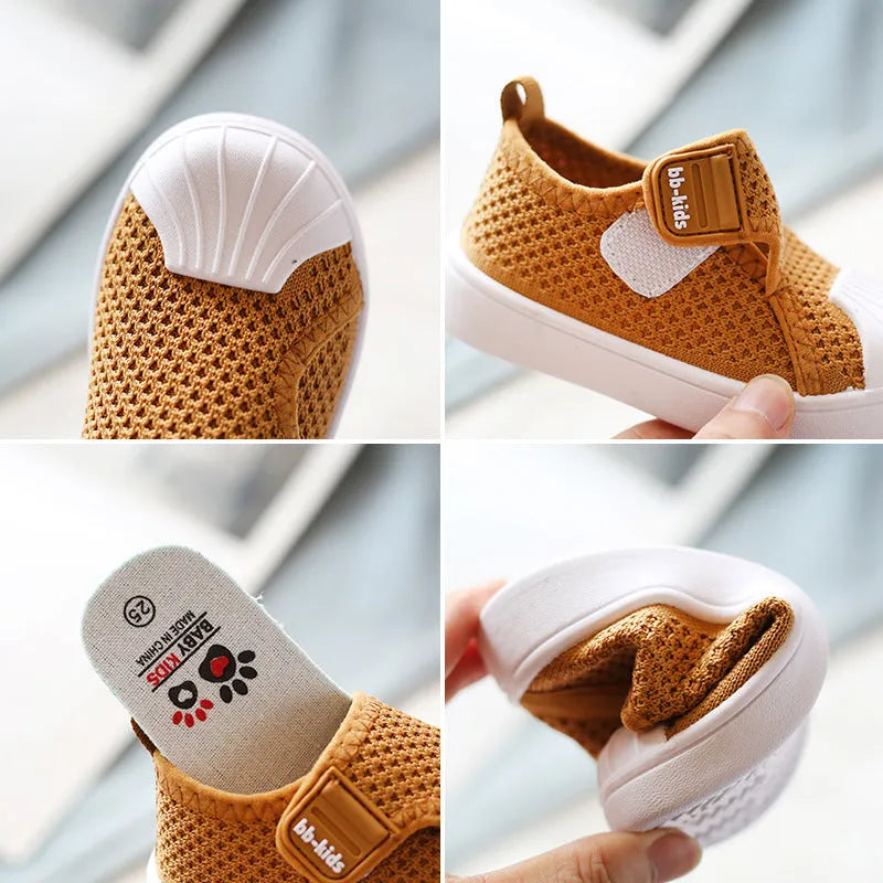 Children's striped casual sneakers with a soft non-slip PVC sole, shown in yellow, grey, black, and rubber powder colours.