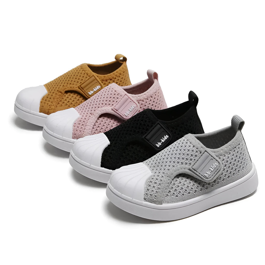 Children's striped casual sneakers with a soft non-slip PVC sole, shown in yellow, grey, black, and rubber powder colours.