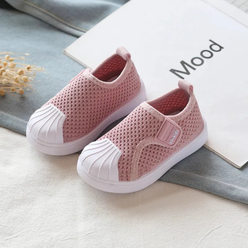 Children's striped casual sneakers with a soft non-slip PVC sole, shown in yellow, grey, black, and rubber powder colours.