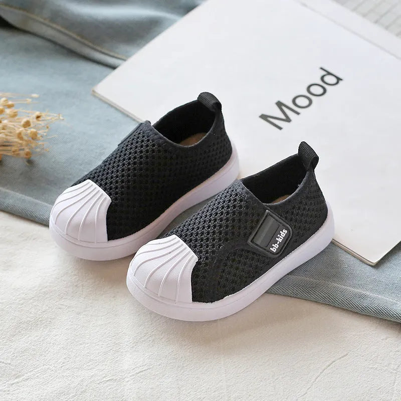 Children's striped casual sneakers with a soft non-slip PVC sole, shown in yellow, grey, black, and rubber powder colours.