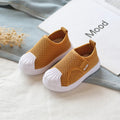 Children's striped casual sneakers with a soft non-slip PVC sole, shown in yellow, grey, black, and rubber powder colours.