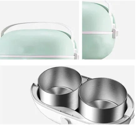 Green portable electric lunch box with stainless steel inner tank and control buttons