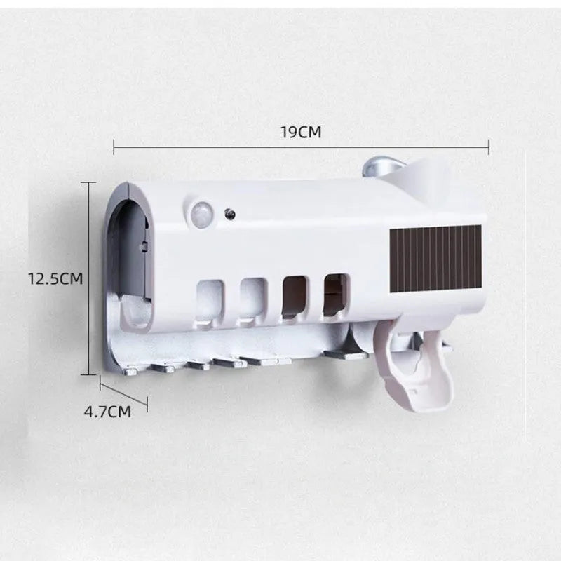 Black smart UV toothbrush steriliser with automatic toothpaste squeezer mounted on bathroom wall