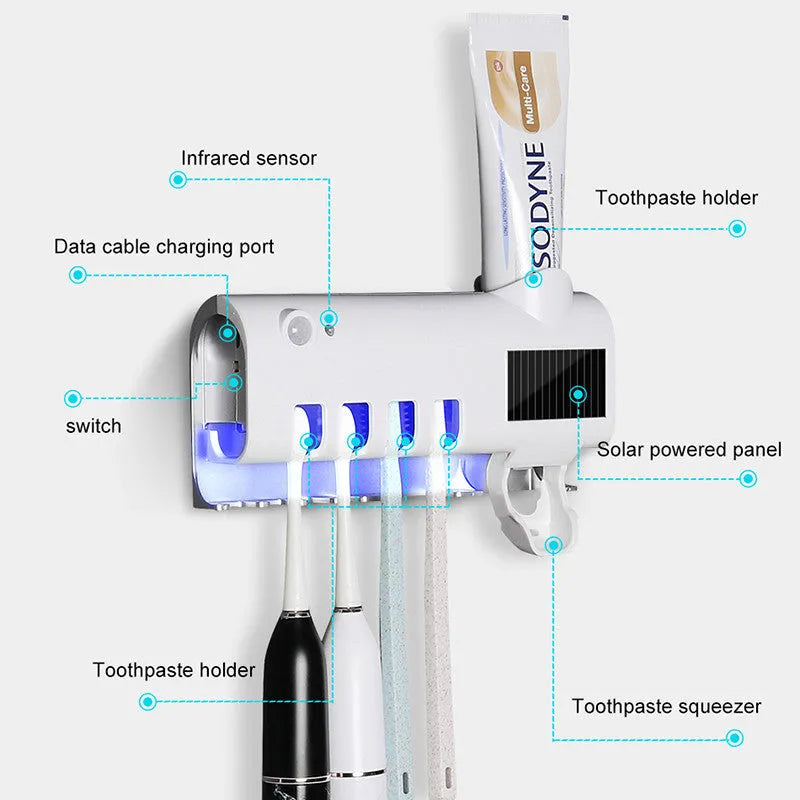 Black smart UV toothbrush steriliser with automatic toothpaste squeezer mounted on bathroom wall