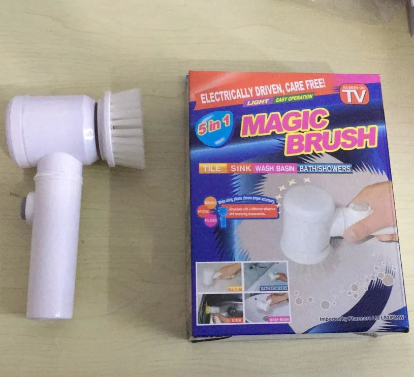 White electric cleaning brush with three interchangeable heads for household surfaces